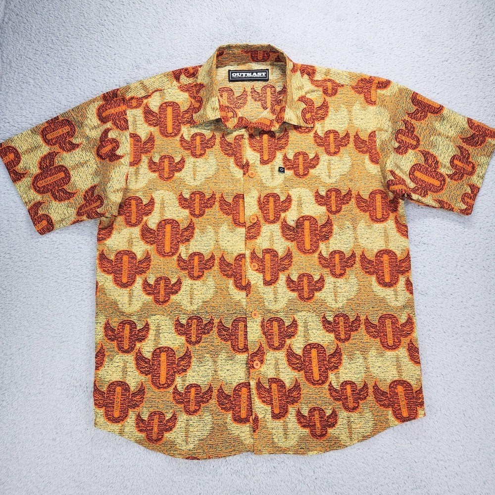 Vintage Y2K Outkast Shirt Mens 2XL Orange AOP Winged O Logo S/S Button Up HipHop